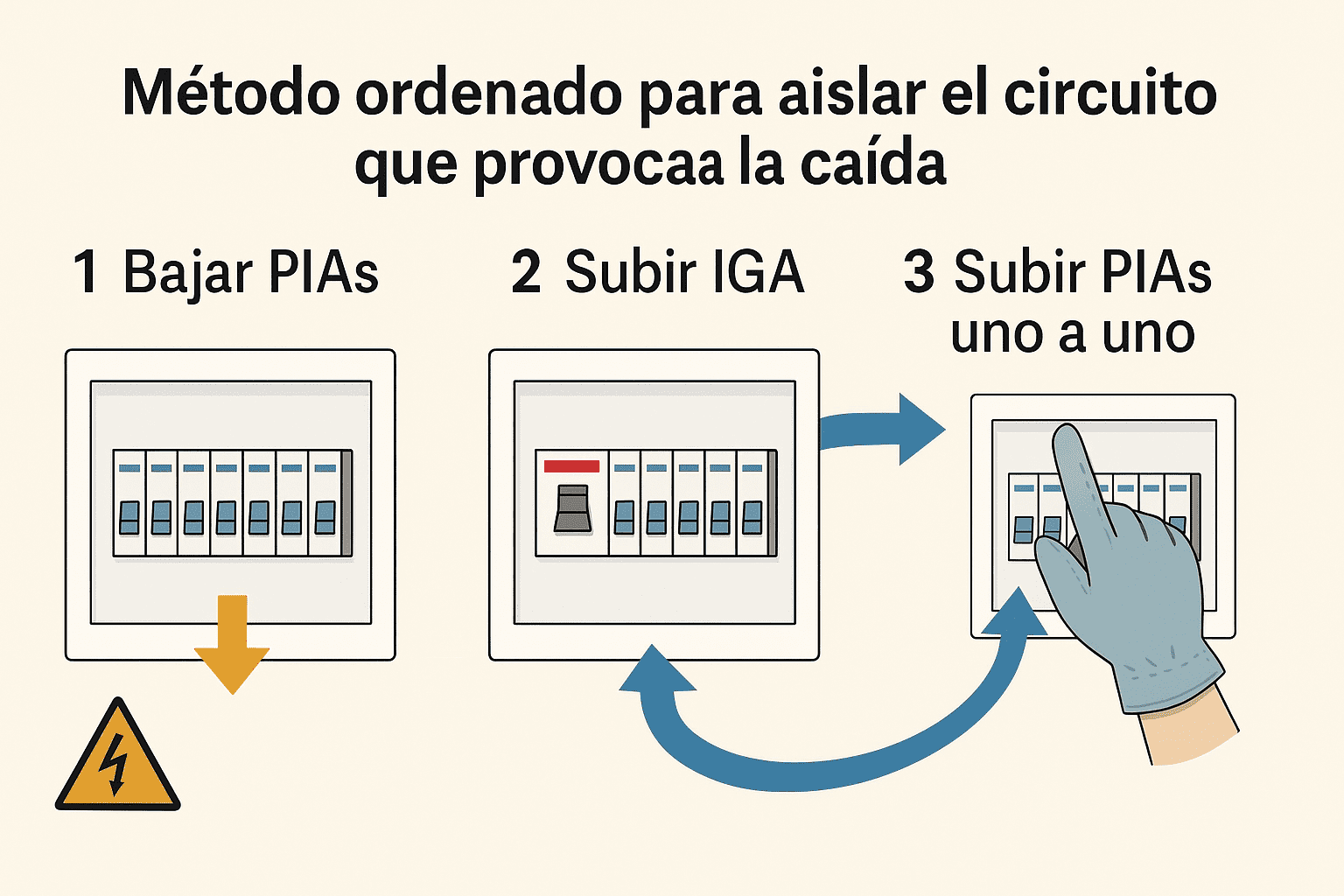 Infografía con tres pasos para aislar el circuito que provoca la caída: 1) bajar PIAs, 2) subir IGA, 3) subir PIAs uno a uno; incluye dibujos del tablero y una mano accionando un interruptor.