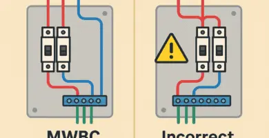 Panel con dos diagramas: a la izquierda un MWBC correcto con dos fases y un neutro común; a la derecha una conexión incorrecta con neutro compartido, señal de advertencia y riesgo de sobrecarga.