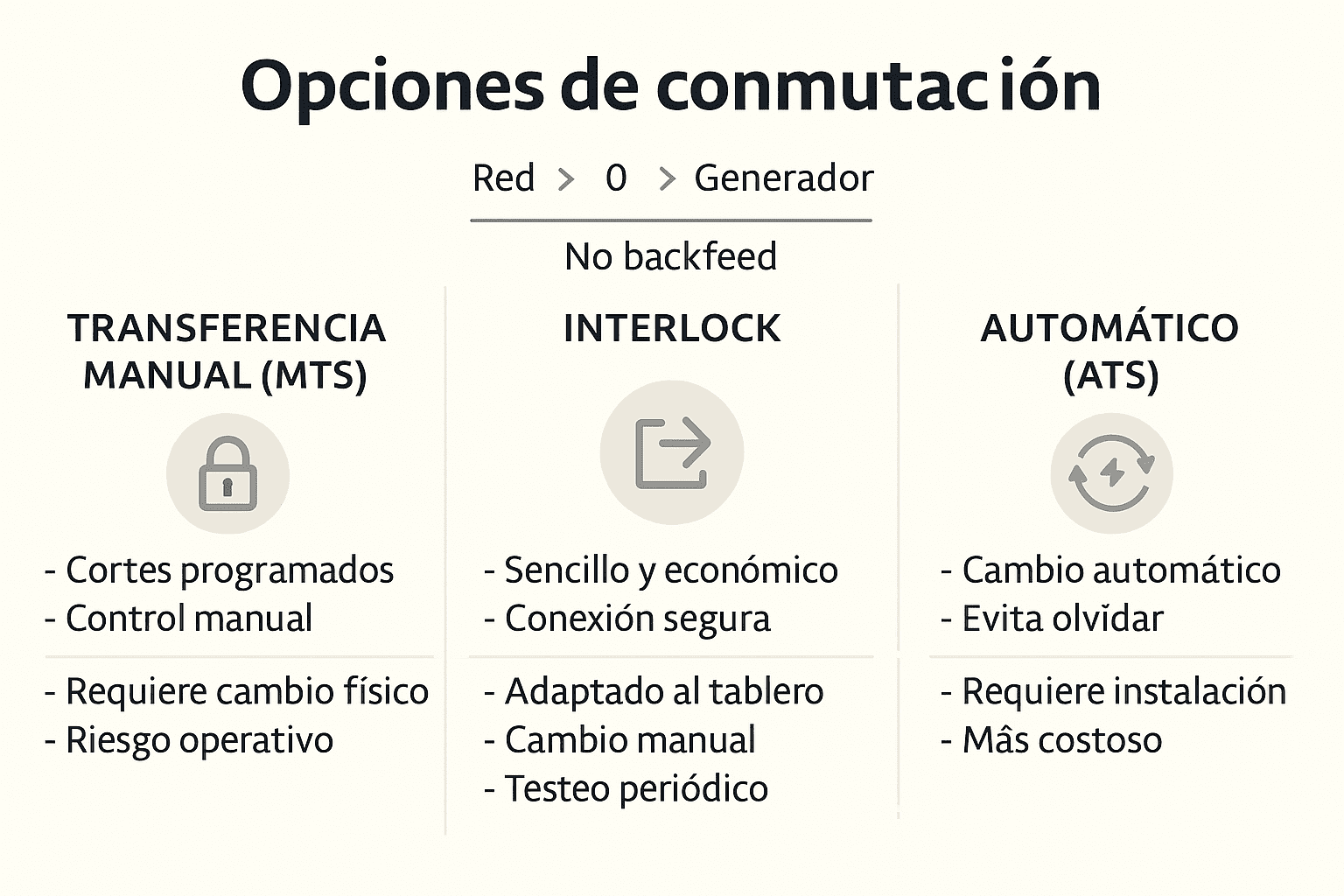 Comparativa lado a lado de transferencia manual (MTS), interlock y ATS con pros y contras bajo la regla Red > 0 > Generador.