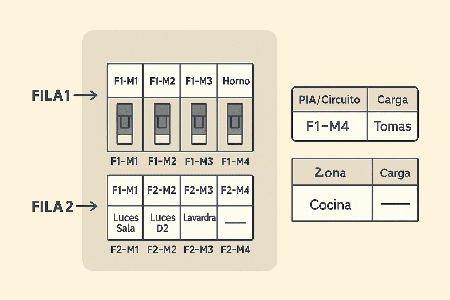 Diagrama de un tablero con dos filas de interruptores rotulados “F1–M1 … F1–M4” y “F2–M1 … F2–M4”, flechas “FILA 1” y “FILA 2”, y tarjetas laterales que muestran la correspondencia en planilla: “PIA/Circuito: F1–M4 → Carga: Tomas” y “Zona: Cocina”.