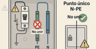 Panel eléctrico con barras PE (verde) y N (azul), interruptor diferencial y aviso “No unir”; recordatorio de punto único N-PE.