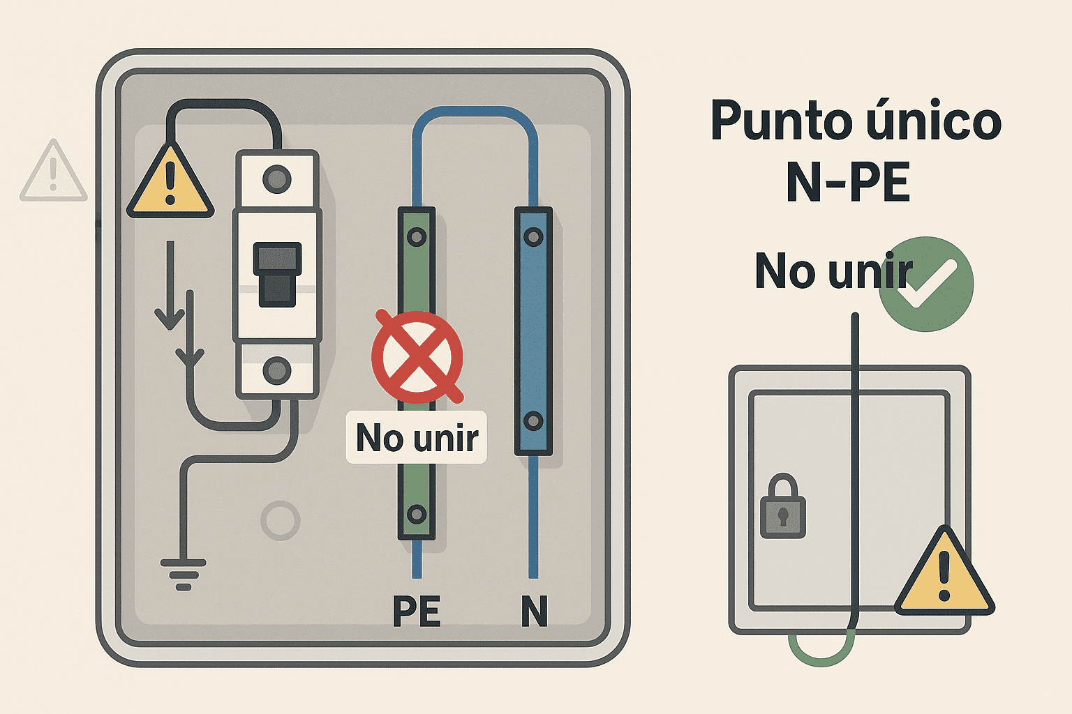 Panel eléctrico con barras PE (verde) y N (azul), interruptor diferencial y aviso “No unir”; recordatorio de punto único N-PE.