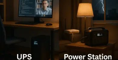 Comparativa visual entre power station y UPS eléctrico para mantener PC y router activos en casa.