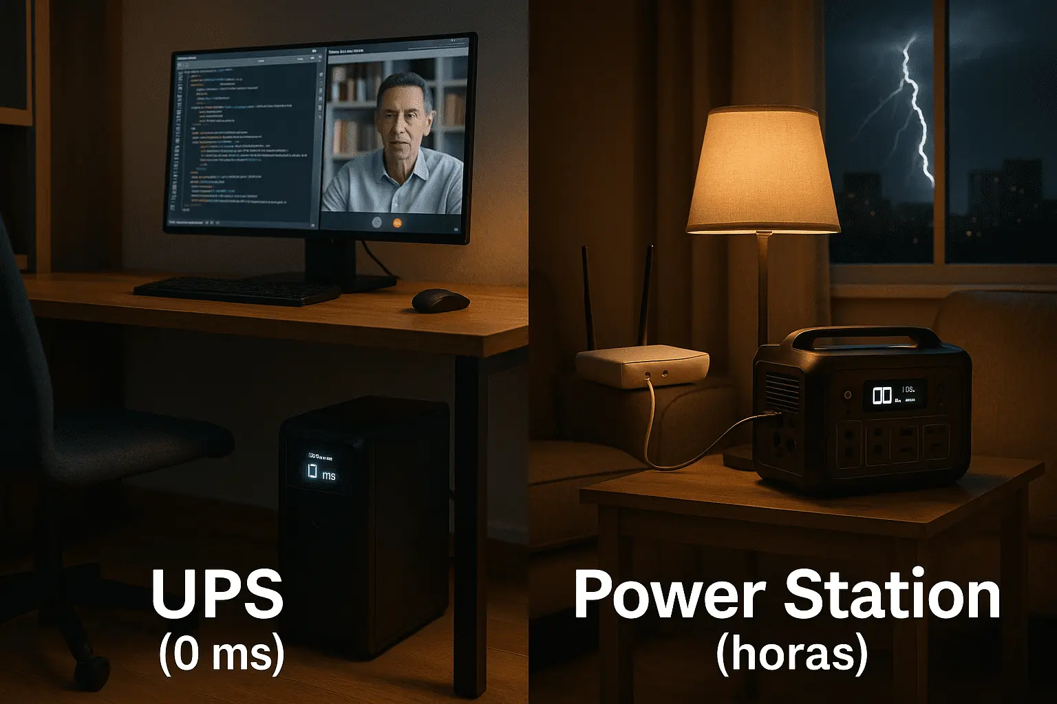 Comparativa visual entre power station y UPS eléctrico para mantener PC y router activos en casa.