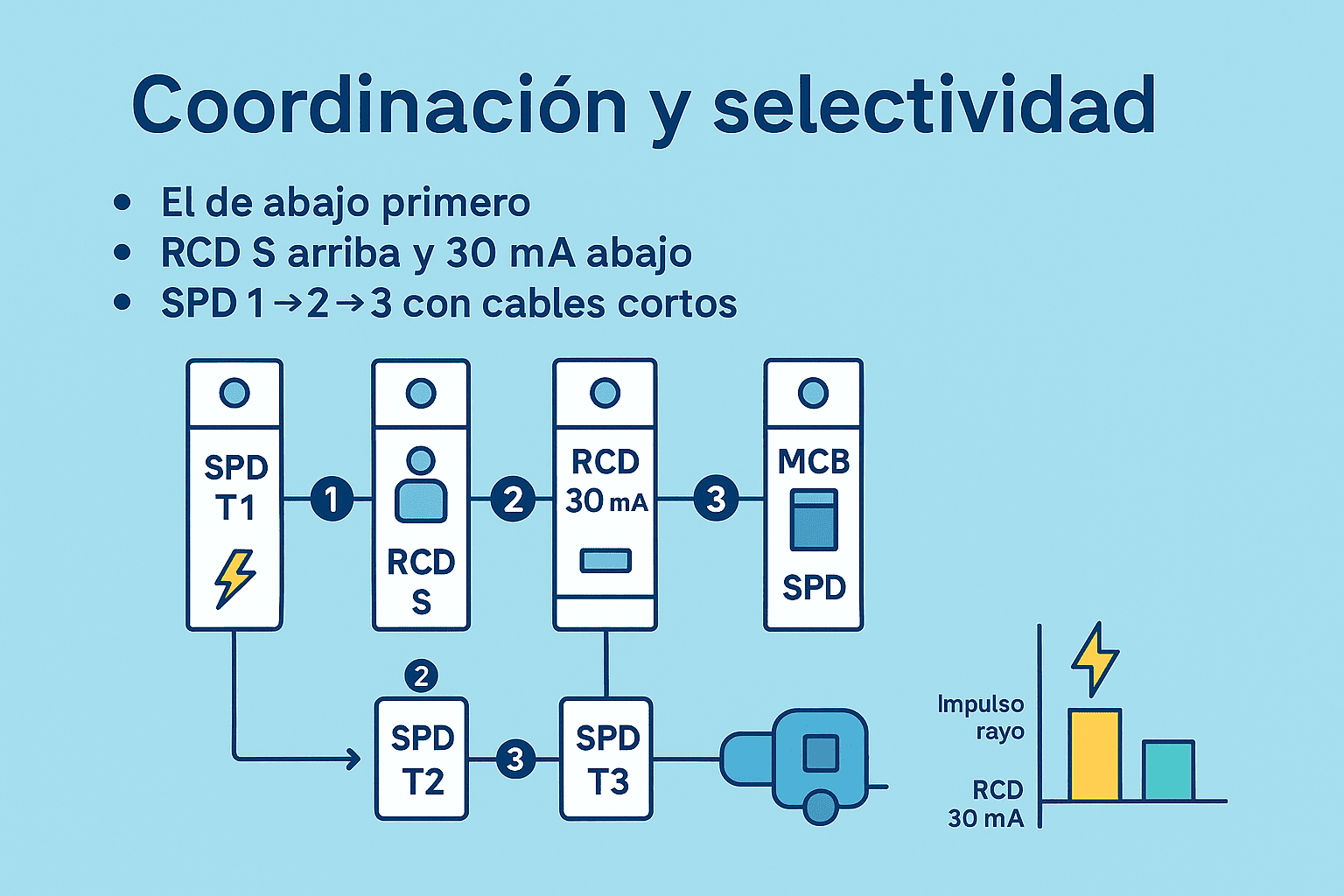Infografía sobre coordinación y selectividad en tablero: cadena SPD T1 → RCD tipo S → RCD 30 mA → MCB, con reglas “el de abajo primero”, “RCD S arriba y 30 mA abajo” y “SPD 1→2→3 con cables cortos”.