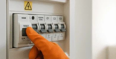Mano con guante naranja presiona el botón TEST de un interruptor diferencial en un tablero eléctrico doméstico.
