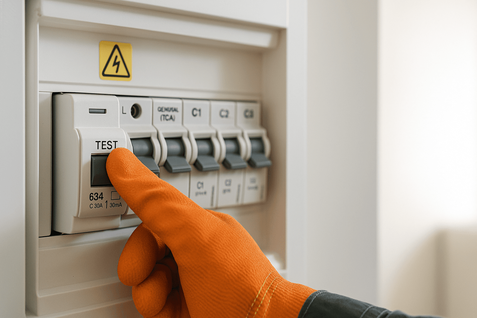 Mano con guante naranja presiona el botón TEST de un interruptor diferencial en un tablero eléctrico doméstico.