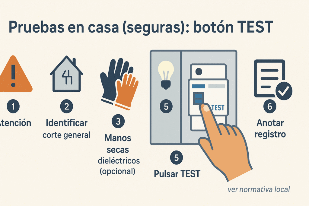 Infografía horizontal con seis pasos para probar el botón TEST del diferencial: atención, identificar corte general, manos secas/guantes, buena iluminación, pulsar TEST y anotar el registro; incluye aviso “ver normativa local”.