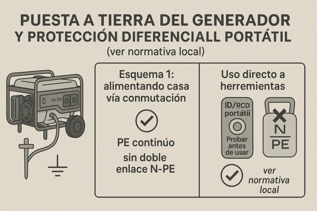 Diagrama horizontal de puesta a tierra de generador y uso de RCD portátil; esquema de alimentación de la casa vía conmutación sin doble enlace N-PE y módulo para uso directo con herramientas; nota “ver normativa local”.