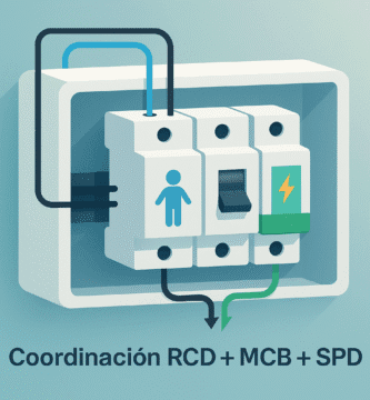 Tablero eléctrico doméstico con RCD, MCB y SPD coordinados; cables de fase, neutro y tierra; ilustración plana.