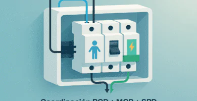 Tablero eléctrico doméstico con RCD, MCB y SPD coordinados; cables de fase, neutro y tierra; ilustración plana.