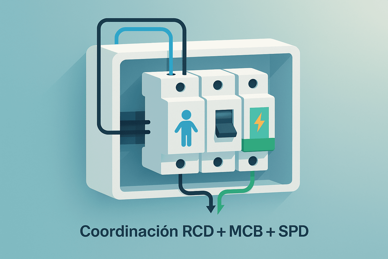 Tablero eléctrico doméstico con RCD, MCB y SPD coordinados; cables de fase, neutro y tierra; ilustración plana.