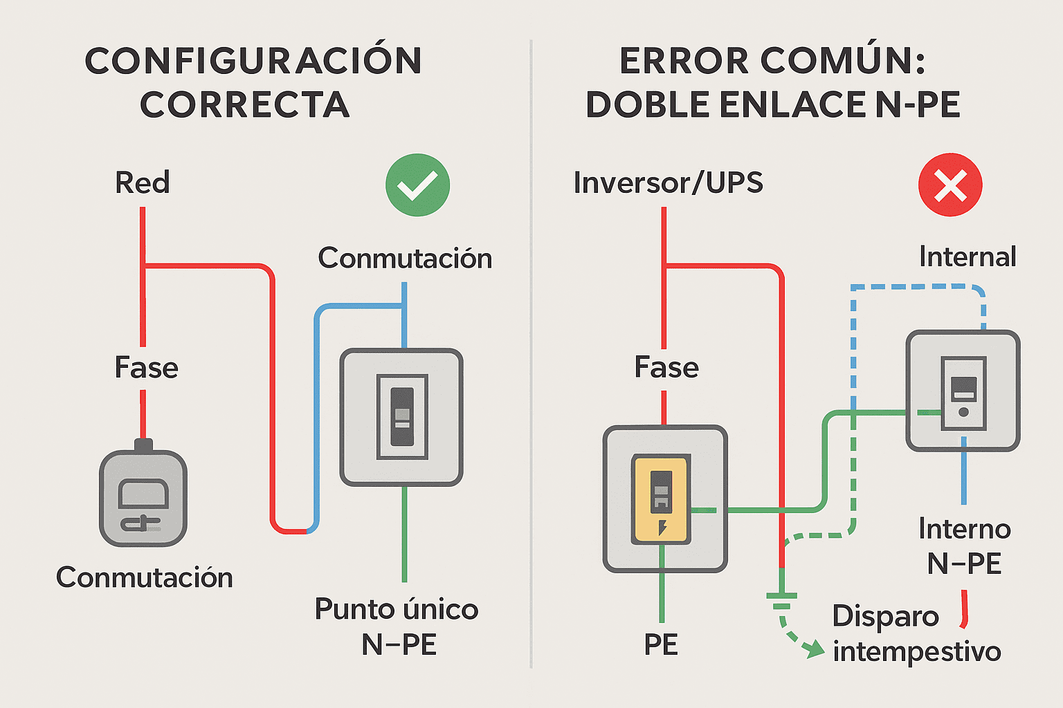 Configuración correcta con punto único N-PE frente a error común por doble enlace N-PE en inversor/UPS que ocasiona disparos del diferencial.