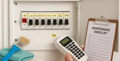 Panel eléctrico residencial abierto con ocho magnetotérmicos rotulados; una mano utiliza una rotuladora mientras se ven un cepillo de limpieza y una checklist de mantenimiento en un portapapeles.