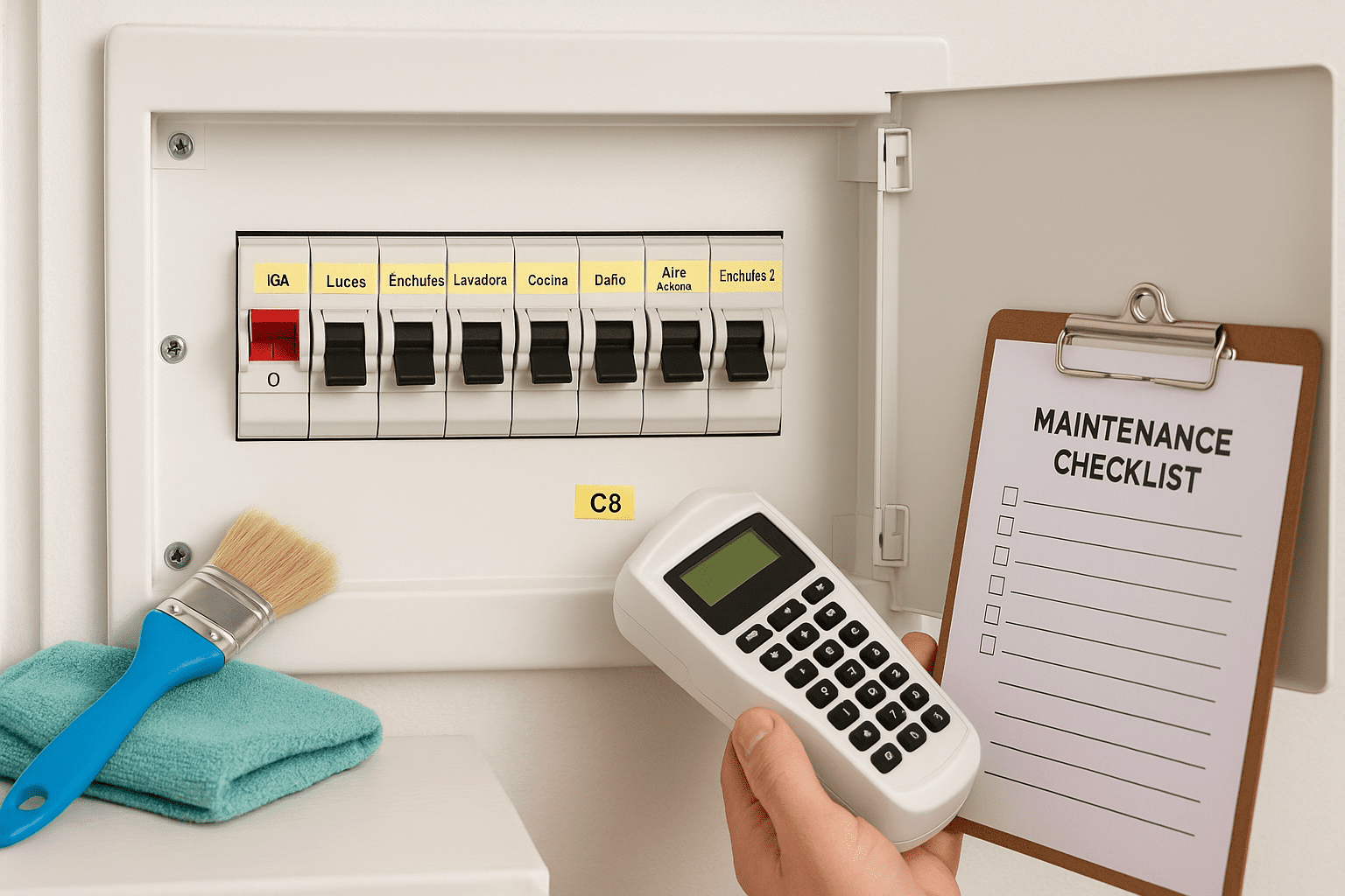 Panel eléctrico residencial abierto con ocho magnetotérmicos rotulados; una mano utiliza una rotuladora mientras se ven un cepillo de limpieza y una checklist de mantenimiento en un portapapeles.