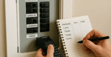 Manos etiquetando interruptores de un tablero eléctrico con una rotuladora mientras completan una planilla de circuitos en una libreta.