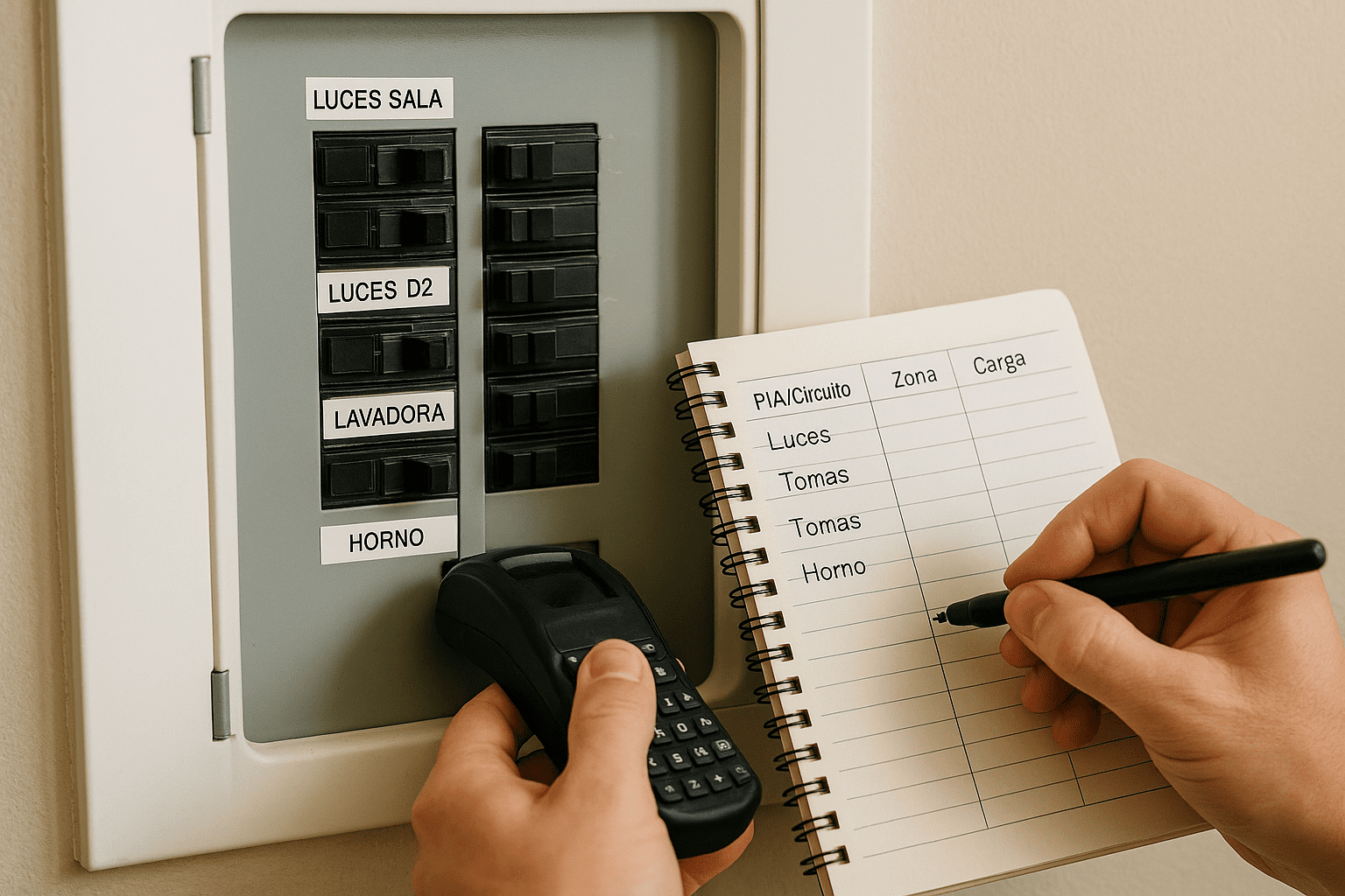 Manos etiquetando interruptores de un tablero eléctrico con una rotuladora mientras completan una planilla de circuitos en una libreta.