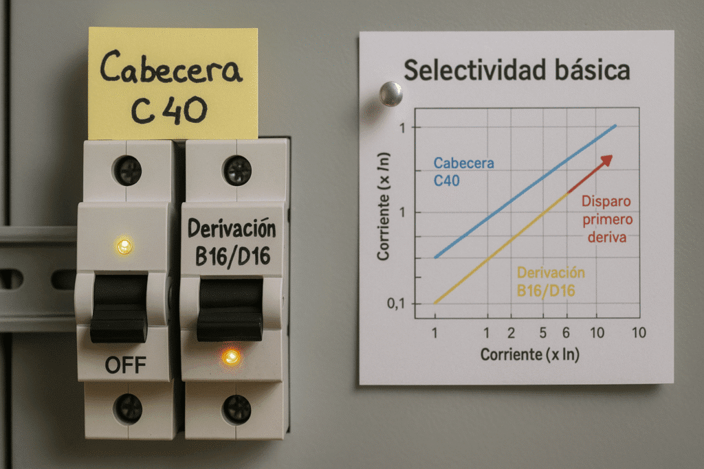 Dos MCB en riel DIN, “Cabecera C40” y “Derivación B16/D16”, con gráfico de selectividad básica al costado.