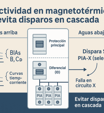 Infografía de selectividad en magnetotérmicos: tablero doméstico con protección principal, diferencial y PIAs; dispara solo el circuito afectado.