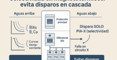 Infografía de selectividad en magnetotérmicos: tablero doméstico con protección principal, diferencial y PIAs; dispara solo el circuito afectado.