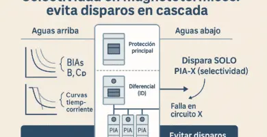 Infografía de selectividad en magnetotérmicos: tablero doméstico con protección principal, diferencial y PIAs; dispara solo el circuito afectado.