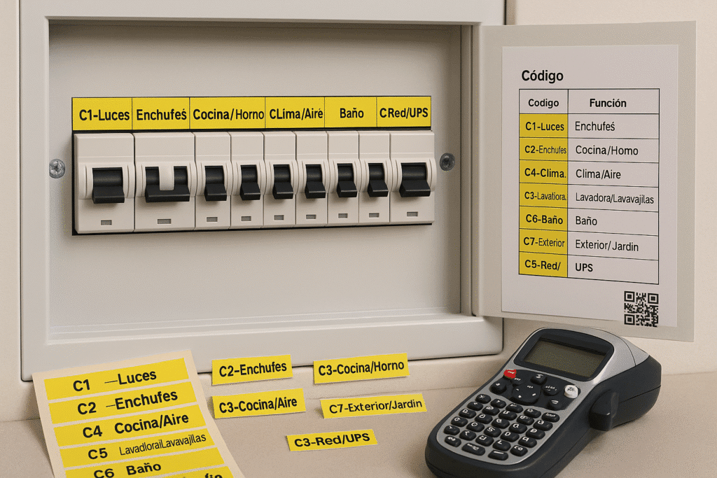 Panel eléctrico con magnetotérmicos rotulados en amarillo (C1–Luces, C2–Enchufes, C3–Cocina/Horno, C4–Clima/Aire, etc.); en la puerta hay un listado con códigos y un QR; sobre la mesa, rotuladora y tiras de etiquetas.