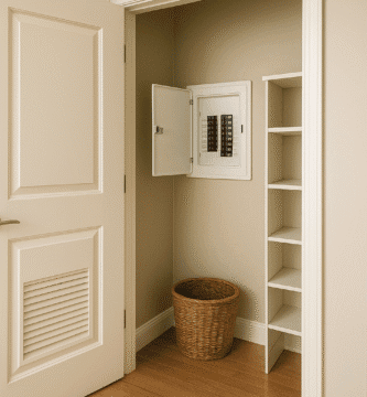Clóset abierto con tablero eléctrico empotrado en la pared, tapa abierta, estantes vacíos y canasto; acceso libre y ventilación básica.