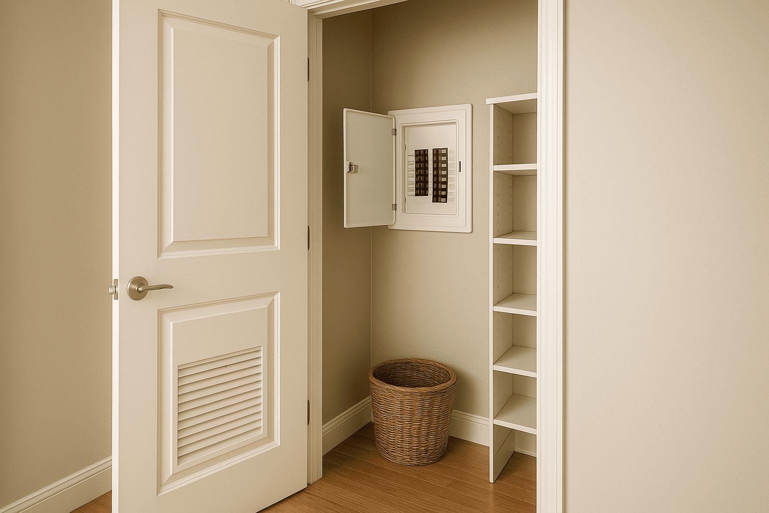 Clóset abierto con tablero eléctrico empotrado en la pared, tapa abierta, estantes vacíos y canasto; acceso libre y ventilación básica.