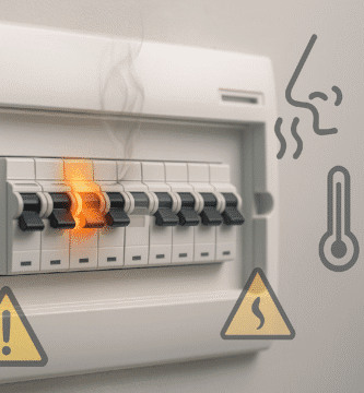 Primer plano de un tablero eléctrico residencial; un interruptor muestra icono de advertencia de calor y la tapa presenta leve tonalidad cálida, indicando posible sobrecalentamiento.