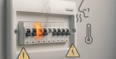 Primer plano de un tablero eléctrico residencial; un interruptor muestra icono de advertencia de calor y la tapa presenta leve tonalidad cálida, indicando posible sobrecalentamiento.