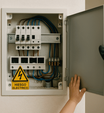 Panel eléctrico doméstico abierto; mano infantil se acerca mientras un adulto con guantes cierra la tapa, con señal de peligro eléctrico visible.