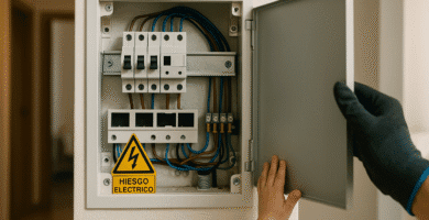 Panel eléctrico doméstico abierto; mano infantil se acerca mientras un adulto con guantes cierra la tapa, con señal de peligro eléctrico visible.