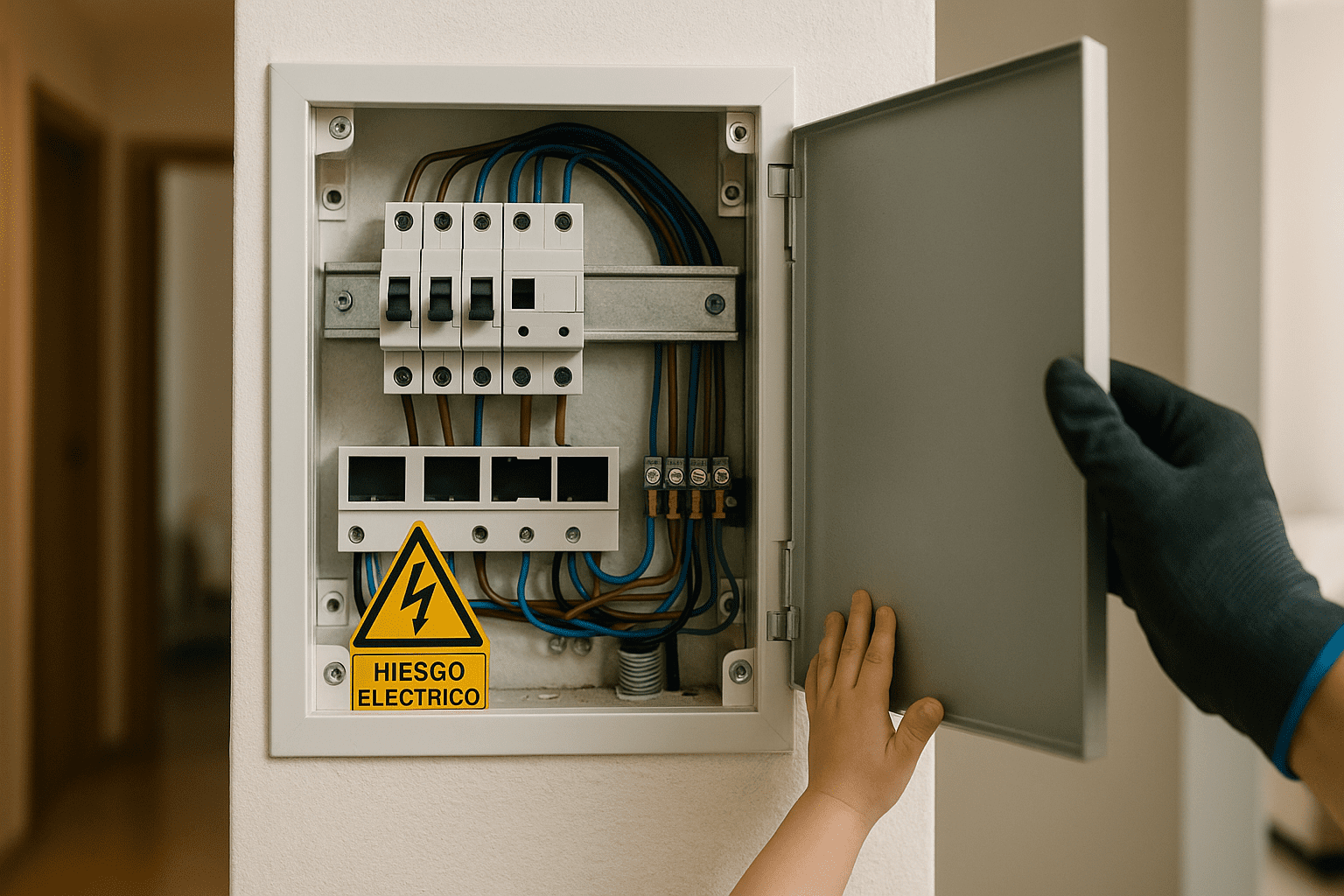 Panel eléctrico doméstico abierto; mano infantil se acerca mientras un adulto con guantes cierra la tapa, con señal de peligro eléctrico visible.