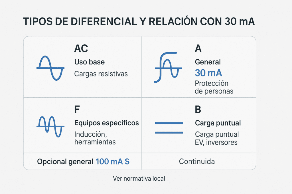 Infografía en cuatro cuadrantes que compara diferenciales AC, A, F y B, destacando 30 mA para protección de personas y la opción de 100 mA S general para continuidad.