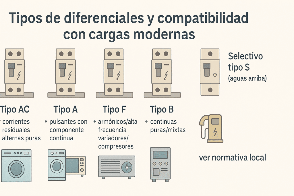 Infografía horizontal que compara diferenciales tipo AC, A, F y B, más selectivo tipo S “aguas arriba”, con iconos de lavadora, microondas, aire acondicionado y cargador de vehículo eléctrico; incluye nota “ver normativa local”.