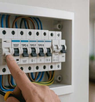 Persona probando con el botón TEST un interruptor diferencial en tablero eléctrico de casa, junto a diferenciales tipo A, F y B.