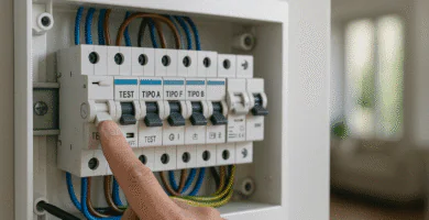 Persona probando con el botón TEST un interruptor diferencial en tablero eléctrico de casa, junto a diferenciales tipo A, F y B.