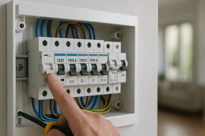 Persona probando con el botón TEST un interruptor diferencial en tablero eléctrico de casa, junto a diferenciales tipo A, F y B.