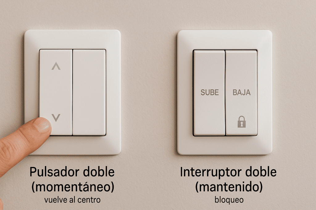 Comparativa: pulsador doble (momentáneo, vuelve al centro) vs interruptor doble (mantenido, con bloqueo) para persianas.