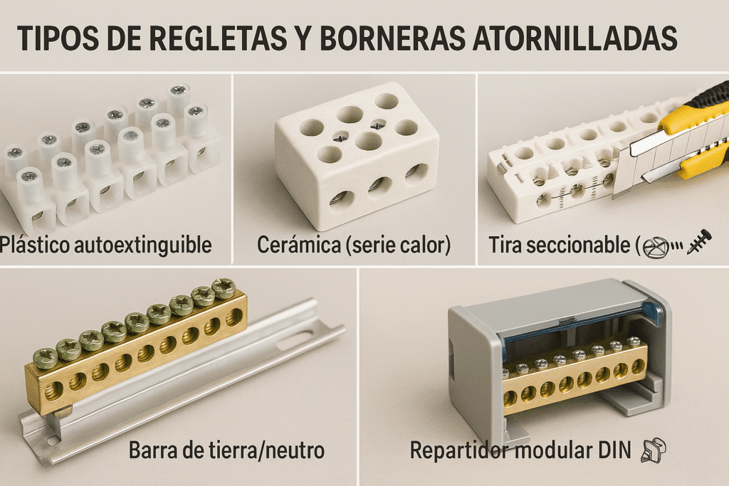 Collage con cinco tipos de regletas atornilladas: tira plástica seccionable, tira cerámica “serie calor”, barra de tierra/neutro, repartidor modular en carril DIN y bornera de pas
