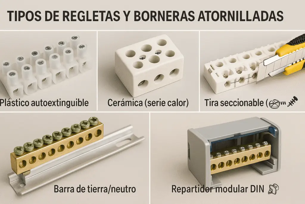 Collage con cinco tipos de regletas atornilladas: tira plástica seccionable, tira cerámica “serie calor”, barra de tierra/neutro, repartidor modular en carril DIN y bornera de pas