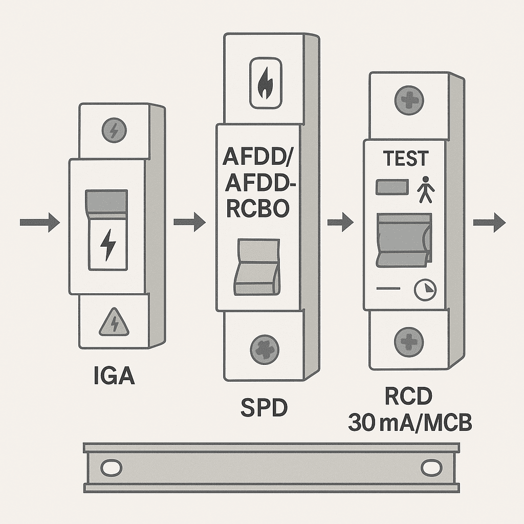 Diagrama en carril DIN con IGA, SPD, AFDD/AFDD-RCBO y RCD 30 mA/MCB ordenados de izquierda a derecha.