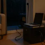 Power station sobre un mueble alimentando un portátil y una lámpara en una sala; al fondo, generador de gasolina ubicado en el exterior.