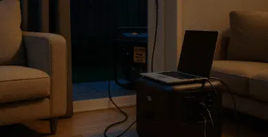 Power station sobre un mueble alimentando un portátil y una lámpara en una sala; al fondo, generador de gasolina ubicado en el exterior.
