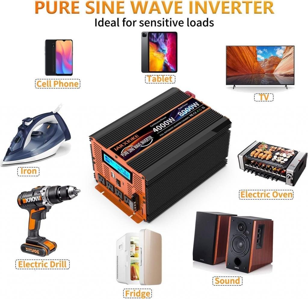 El fabricante anuncia 4000 W continuos y 8000 W de pico (arranques breves). Planifica tu sistema sobre la potencia continua y deja margen: en inversores de esta clase es sensato operar al 50–70 % del nominal para uso prolongado. Recuerda que a 24 V las corrientes de entrada son altas; si el banco o el calibre de cables no acompañan, aparecerán caídas de tensión y alarmas.