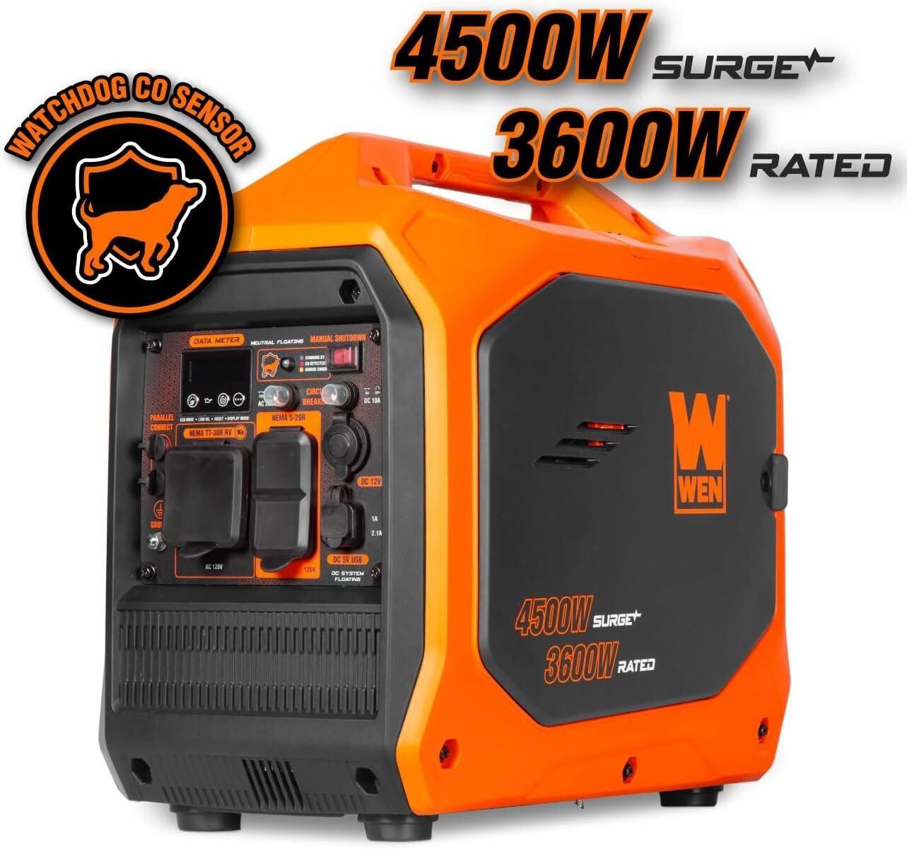 Incluye tomacorriente TT-30R para RV, dos salidas 120 V de tres clavijas, 12 V CC para accesorios y dos puertos USB 5 V. El medidor de datos inteligente muestra combustible, carga, voltaje y tiempo de funcionamiento para que controles uso y mantenimiento sin adivinar.
