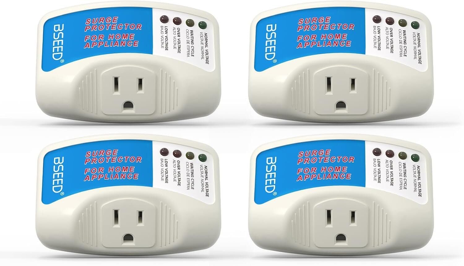 Cuatro protectores de voltaje BSEED enchufables para electrodomésticos, con 4 LED de estado y salida única tipo B (120–125 V).