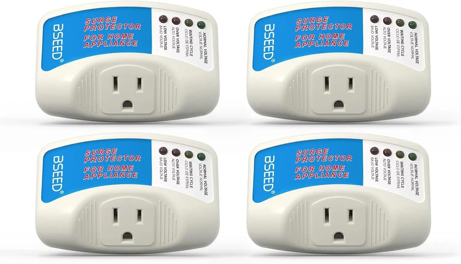 Cuatro protectores de voltaje BSEED enchufables para electrodomésticos, con 4 LED de estado y salida única tipo B (120–125 V).