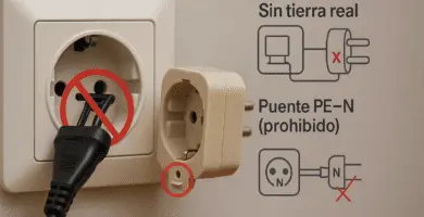 Primer plano de un tomacorriente de pared estilo europeo con clavija de dos patas (sin conexión a tierra visible), ilustrando el riesgo de adaptar 2 a 3 patas y “tierras falsas”