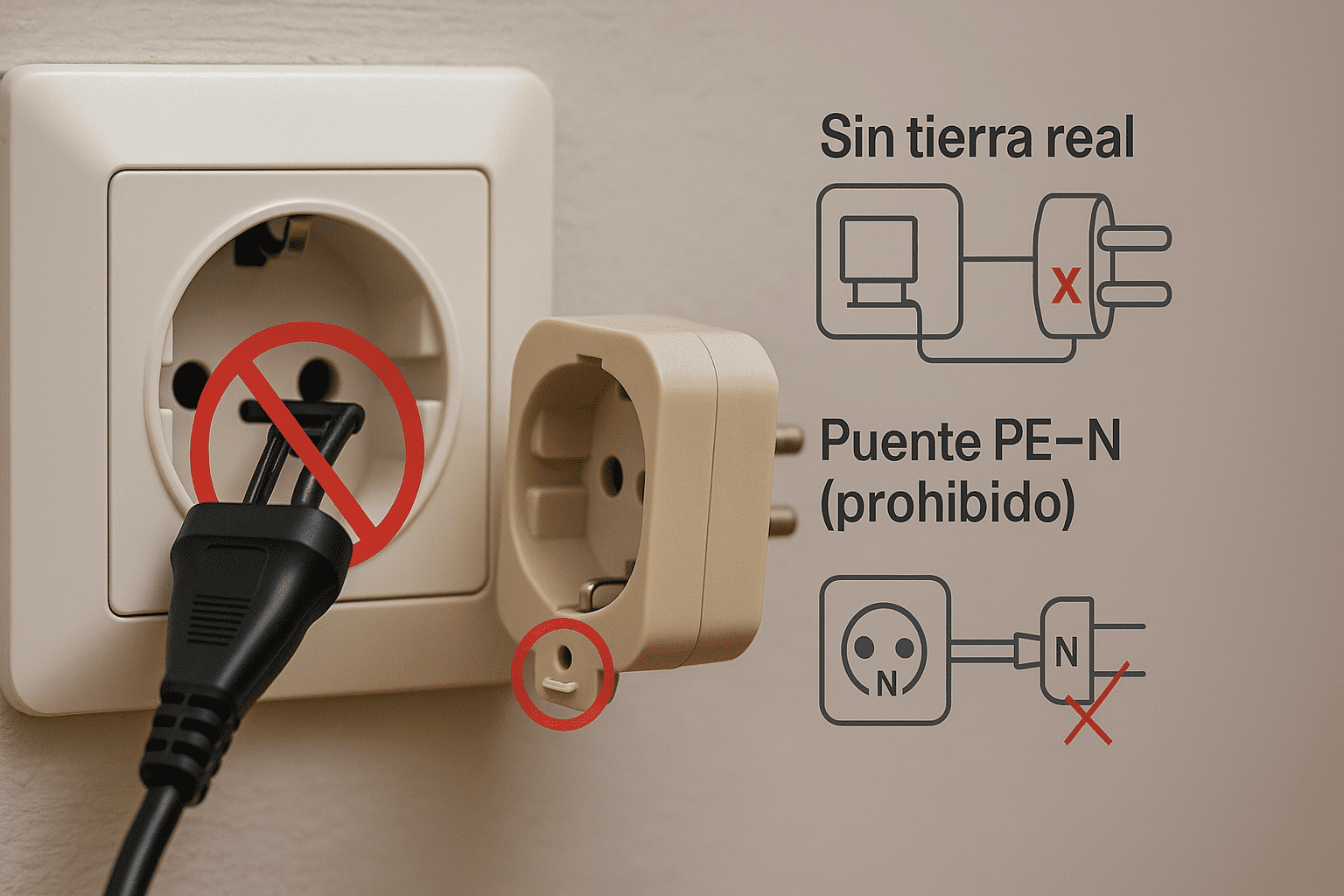 Primer plano de un tomacorriente de pared estilo europeo con clavija de dos patas (sin conexión a tierra visible), ilustrando el riesgo de adaptar 2 a 3 patas y “tierras falsas”